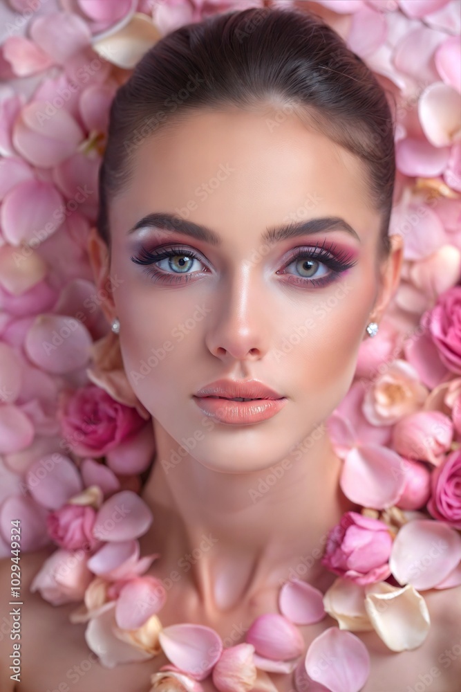 The woman showcases stunning makeup artistry with bold colors, framed by delicate pink rose petals, creating a captivating floral ambiance. Generative AI The woman showcases stunning makeup artistry with bold colors, framed by delicate pink rose petals, creating a captivating floral ambiance. Generative AI