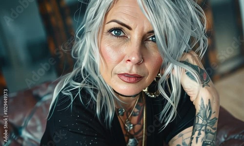 A confident woman with striking silver hair and intricate tattoos poses artfully in a creatively designed indoor space, showcasing her unique style and personality photo