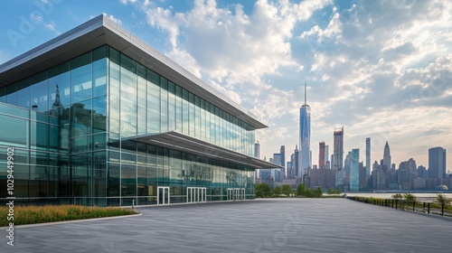 A large building with a glass facade sits in front of a city skyline