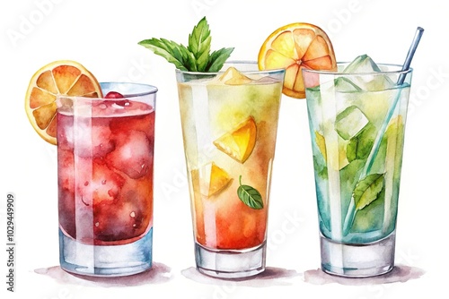 Minimalist watercolor illustration of refreshing alcoholic cocktails