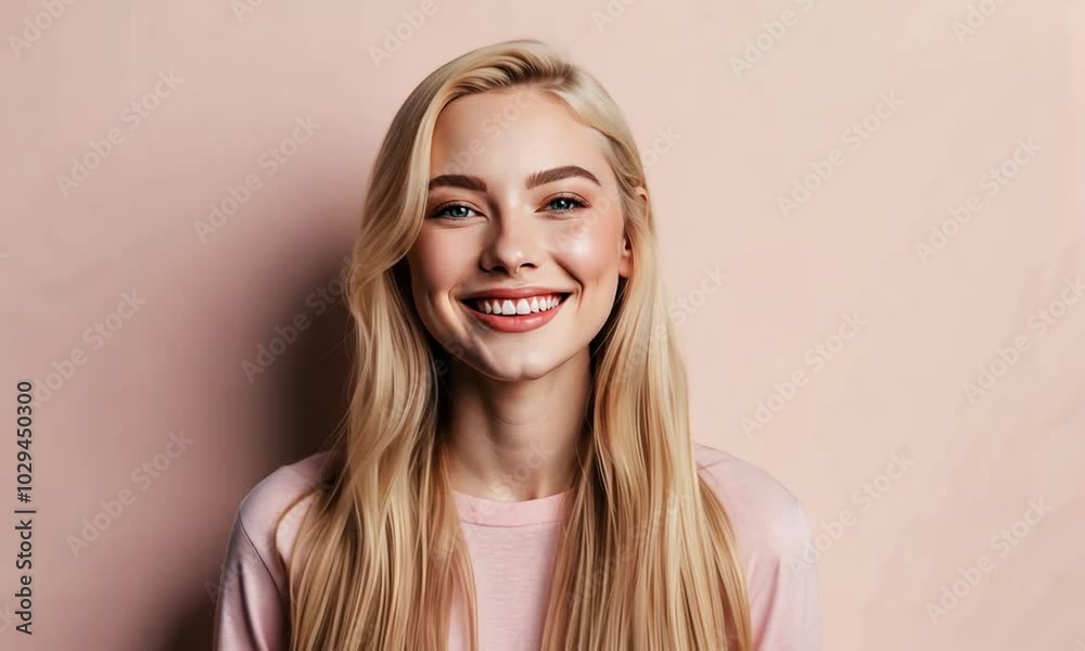 A joyful young woman with long hair shares her bright smile, radiating positivity. The soft pastel background enhances her cheerful demeanor, creating a warm atmosphere A joyful young woman with long hair shares her bright smile, radiating positivity. The soft pastel background enhances her cheerful demeanor, creating a warm atmosphere