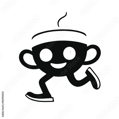 A cartoon coffee cup with arms and legs walking, with a smiling face 
