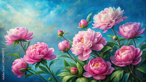 Fototapeta Naklejka Na Ścianę i Meble -  Oil painting of peonies in full bloom on azure canvas wide-angle