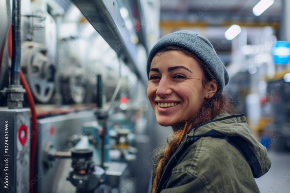 Portrait of a smiling female worker in factory Portrait of a smiling female worker in factory