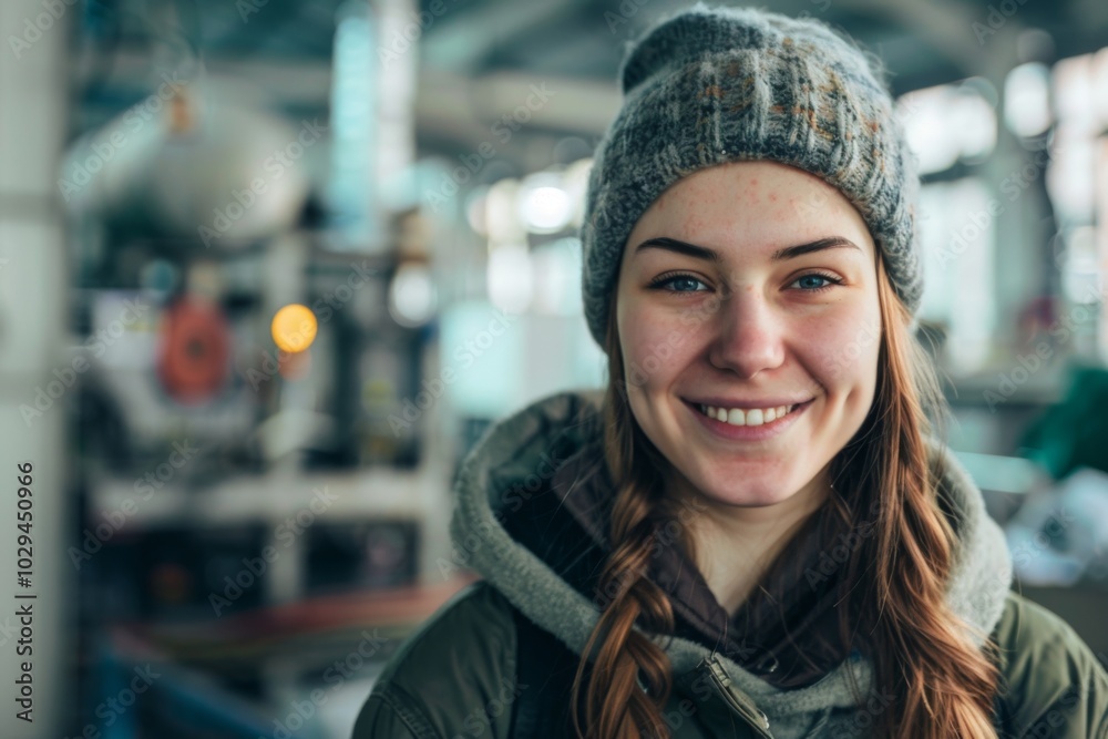 Portrait of a smiling female worker in factory Portrait of a smiling female worker in factory