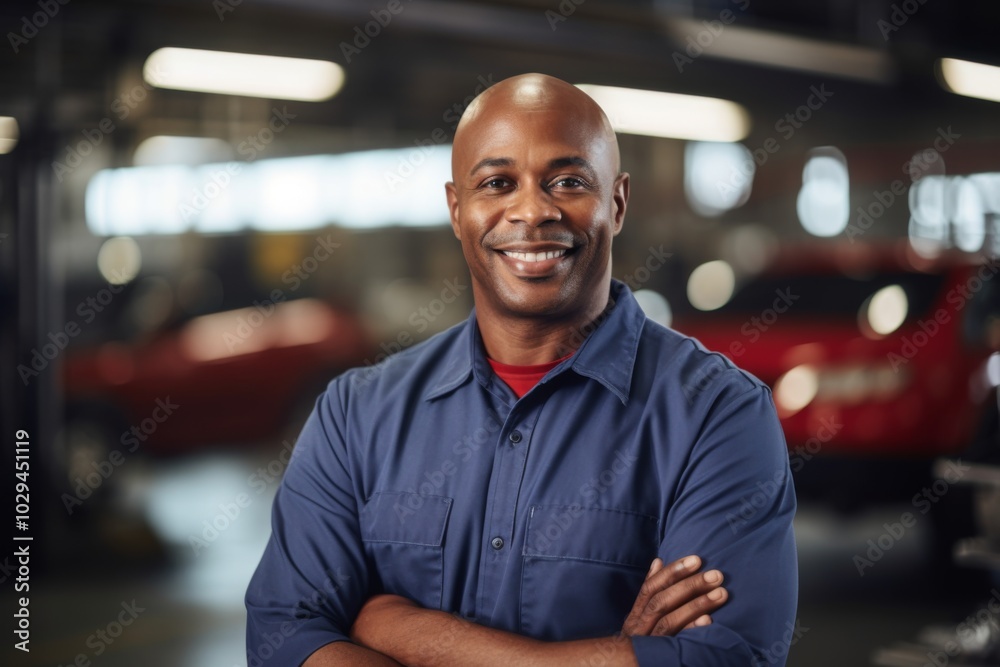 Portrait of a smiling middle aged African American car mechanic Portrait of a smiling middle aged African American car mechanic
