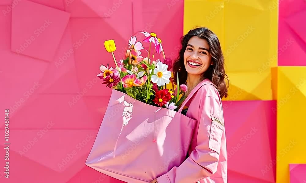 Bright flowers spring from a large tote while a young woman beams with happiness, standing against a stunningly colorful wall that radiates joy and warmth Bright flowers spring from a large tote while a young woman beams with happiness, standing against a stunningly colorful wall that radiates joy and warmth