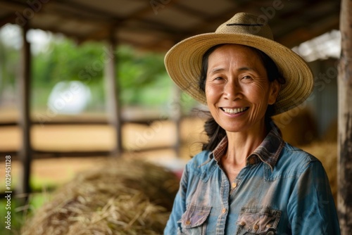 Portrait of a smiling middle aged Asian female farmer in stable