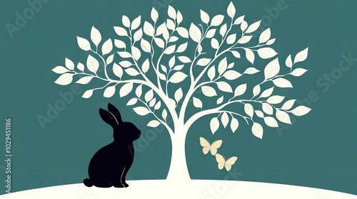   A silhouette of a rabbit sitting beside a tree with a butterfly on the ground
