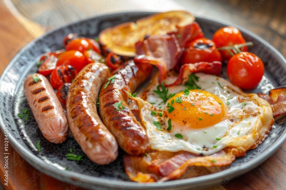 Traditional English breakfast with eggs, sausages, bacon, and grilled tomatoes Traditional English breakfast with eggs, sausages, bacon, and grilled tomatoes