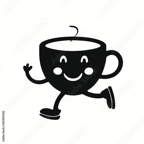 A cartoon coffee cup with arms and legs walking, with a smiling face 