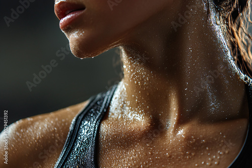 Close up of thorat of sweating woman after workout photo