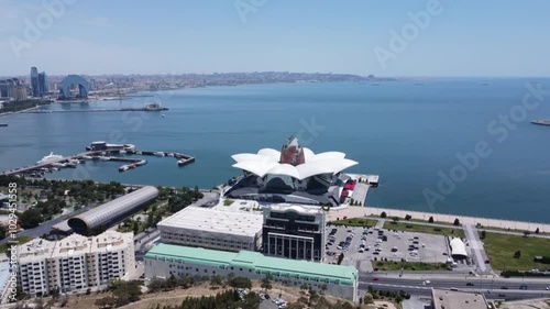 Baku Boulevard. View of the Caspian Sea coast from a drone