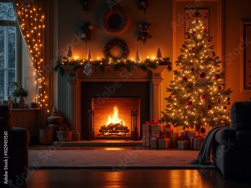 A cozy living room decorated for Christmas with a glowing tree, warm fireplace, and twinkling lights in the evening