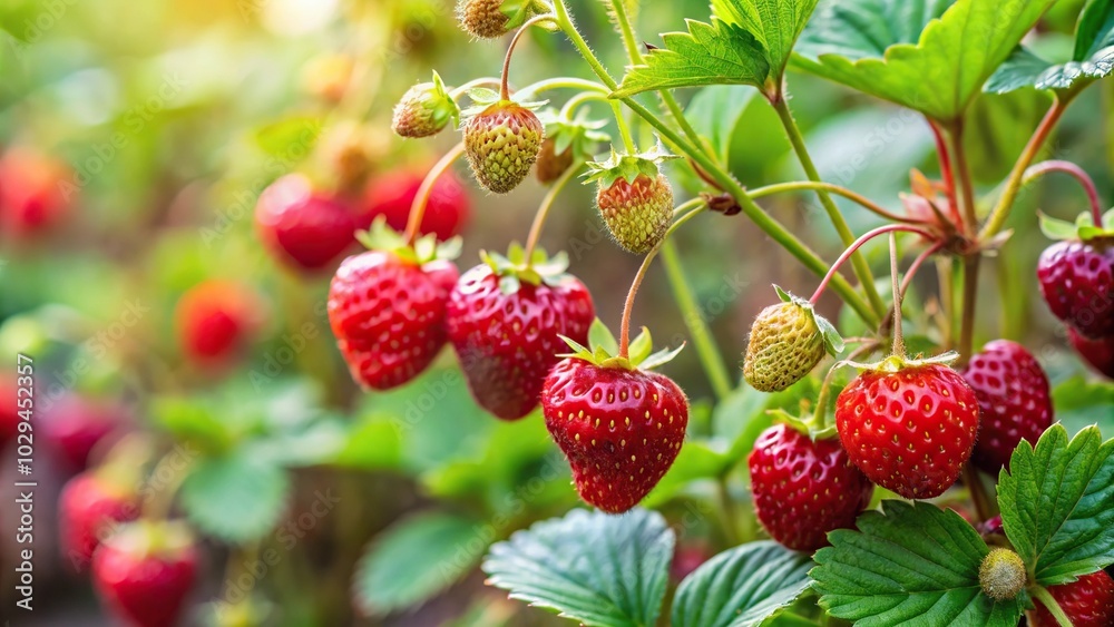 Silhouette of ripe wild strawberries on bushes in garden with sunlight Silhouette of ripe wild strawberries on bushes in garden with sunlight