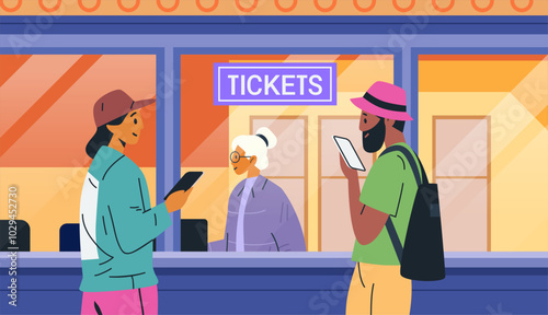 People buying tickets at cinema counter colorful modern flat showing two individuals holding smartphones and a cashier inside a booth