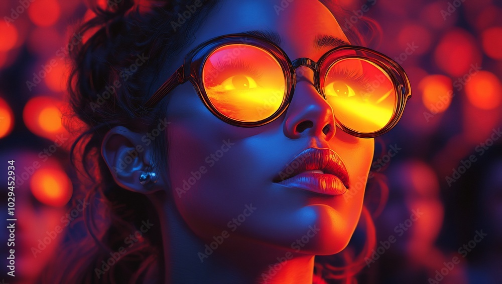 A woman with reflective sunglasses in a vibrant, colorful crowd. A woman with reflective sunglasses in a vibrant, colorful crowd.