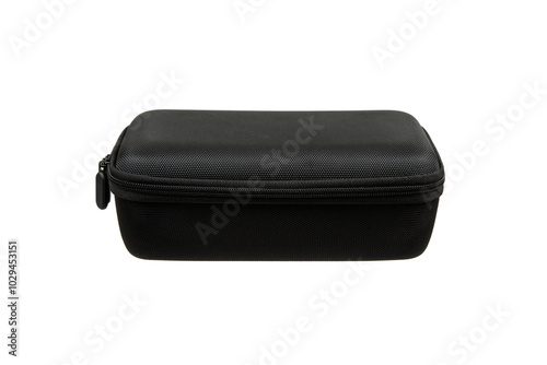 Protective hard case with a zipper and a black fabric texture. Isolate on a white back. photo