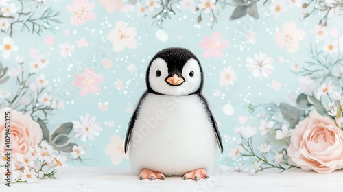   A small B&W penguin in front of a wall of flowers against a blue backdrop with pink & white blooms photo