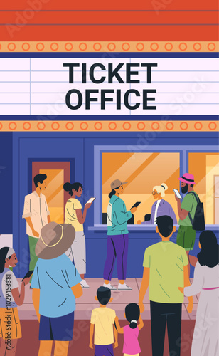 People waiting in line at ticket office cinema theatre queue diverse crowd purchasing tickets colorful urban scene flat design