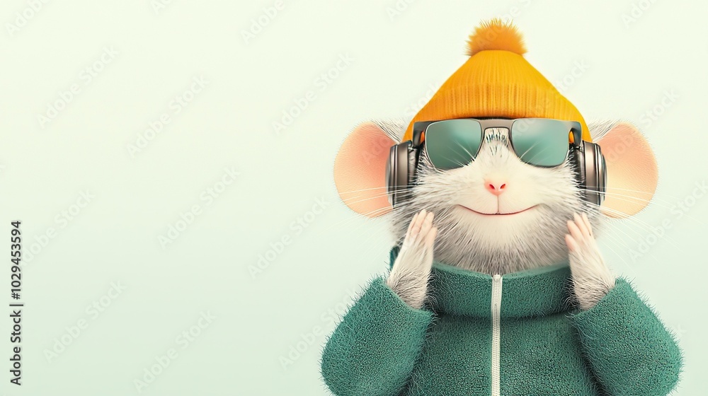 White mouse in green sweater with yellow hat and ear muffs White mouse in green sweater with yellow hat and ear muffs