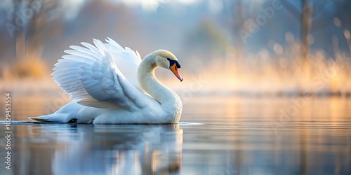 Fototapeta Naklejka Na Ścianę i Meble -  Minimalist white swan cleaning feathers on serene lake