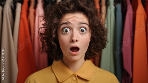A person in an expensive clothing store, eyes wide at the exorbitant price tag of a designer item, fashion luxury shock photo