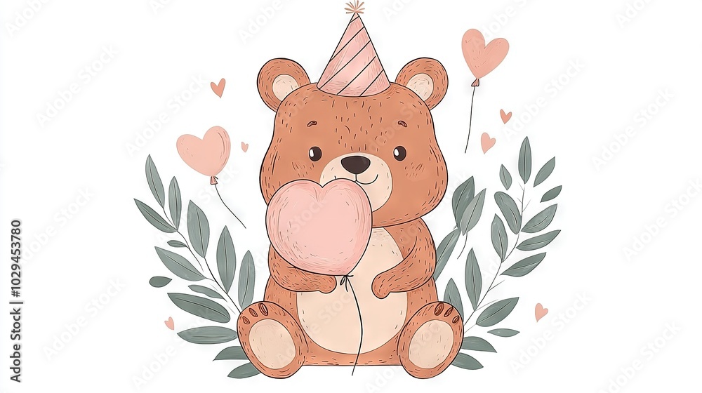 A bear in a party hat holds a heart-shaped bubble, surrounded by green leaves A bear in a party hat holds a heart-shaped bubble, surrounded by green leaves