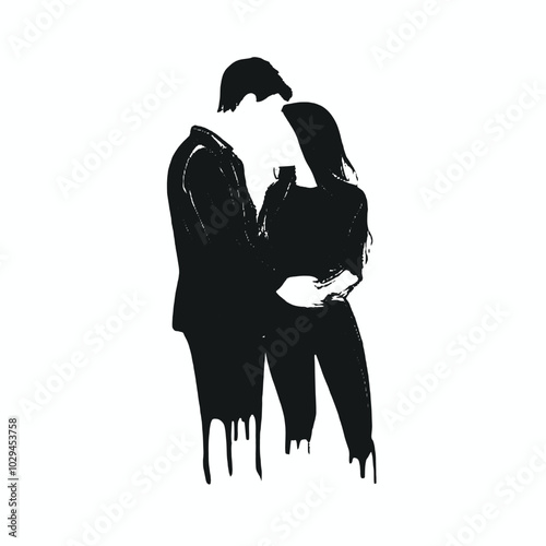 A young couple embracing, their silhouettes depicted in black against a white background