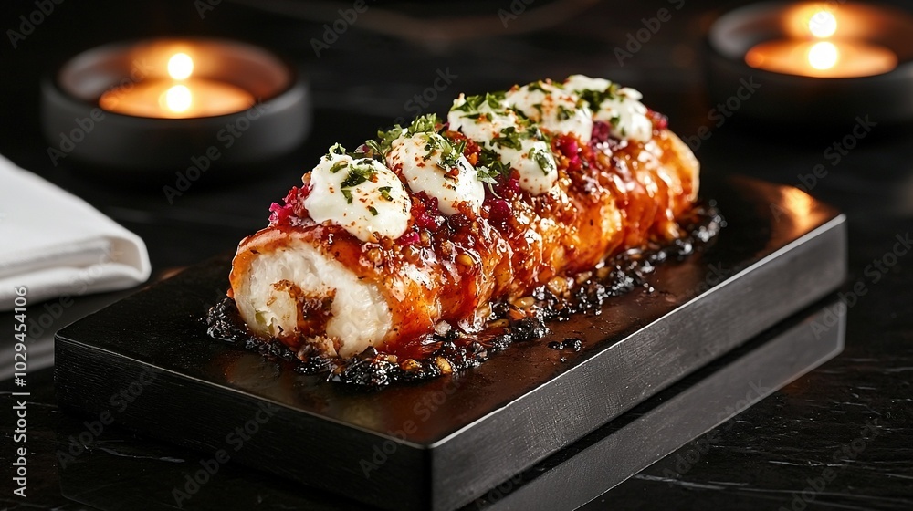 A close-up of a sushi plate with a lit candle in the background A close-up of a sushi plate with a lit candle in the background