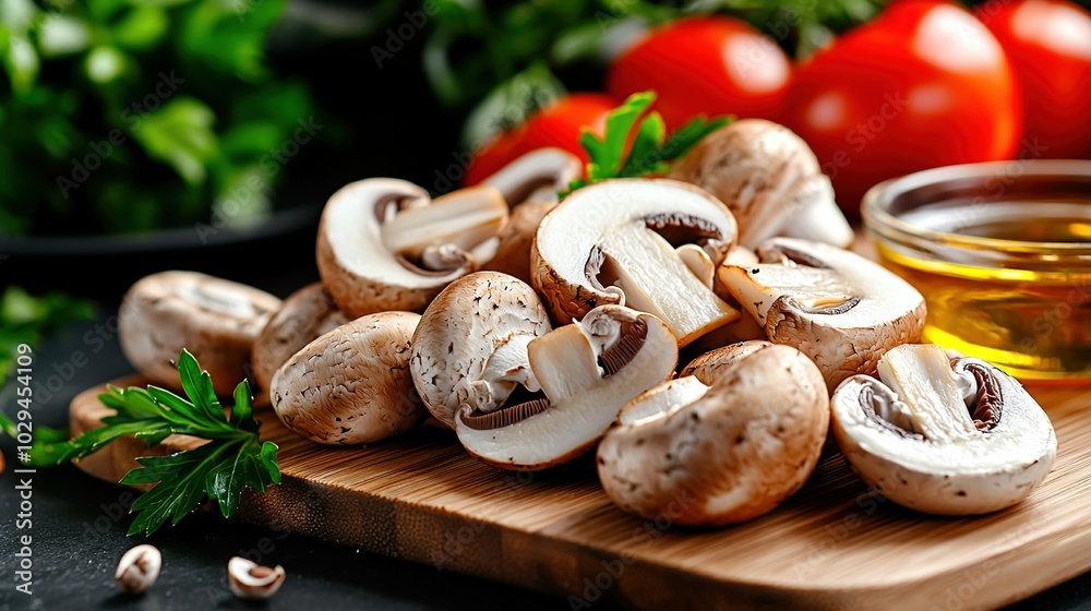 A wooden cutting board holds a pile of mushrooms, olives, and tomatoes A wooden cutting board holds a pile of mushrooms, olives, and tomatoes