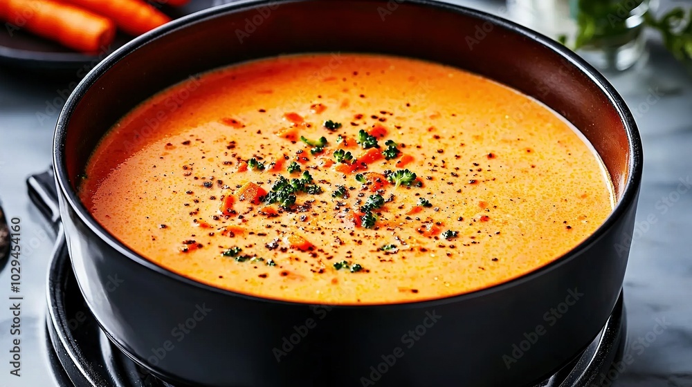 A macroscopic image depicts a bowl of soup on a table, surrounded by carrots and additional dishes on a plate A macroscopic image depicts a bowl of soup on a table, surrounded by carrots and additional dishes on a plate