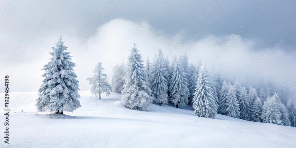 snowy trees, mountain, winter, fog, minimalist snowy trees, mountain, winter, fog, minimalist