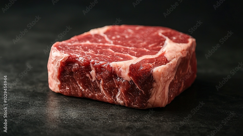 A slice of raw meat sits atop a black counter alongside a slab of meat on a table A slice of raw meat sits atop a black counter alongside a slab of meat on a table