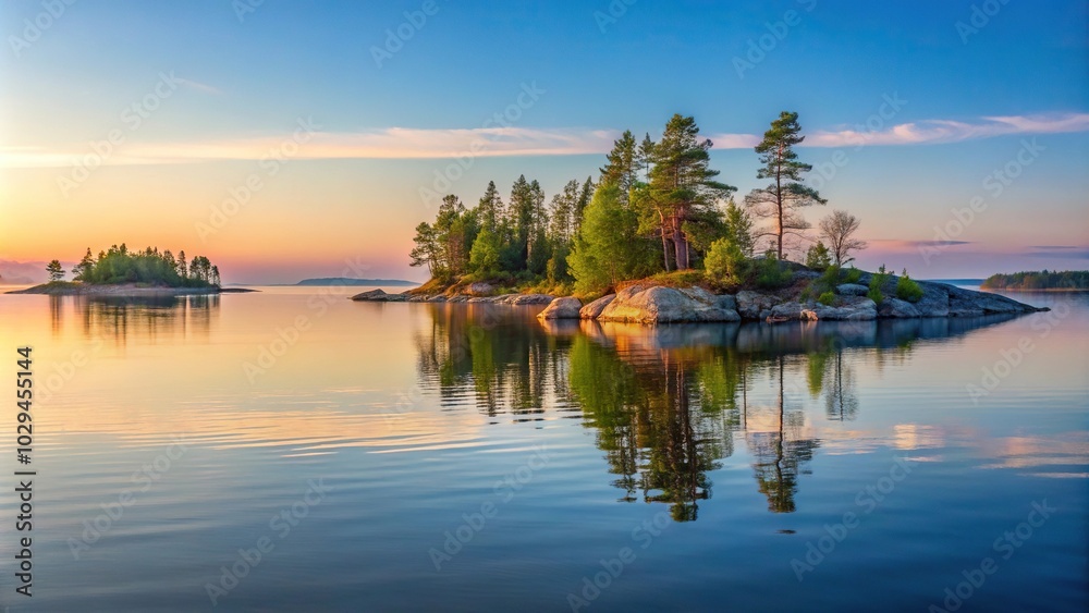 Skerries of Lake Ladoga at evening in Karelia Skerries of Lake Ladoga at evening in Karelia