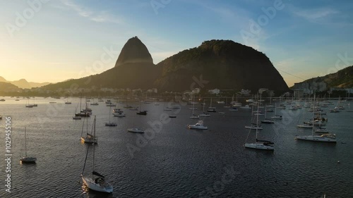 Many Small Boats in Botafogo Bay With Sugarloaf Mountain in the Horizon on Sunrise in Rio de Janeiro, Brazil