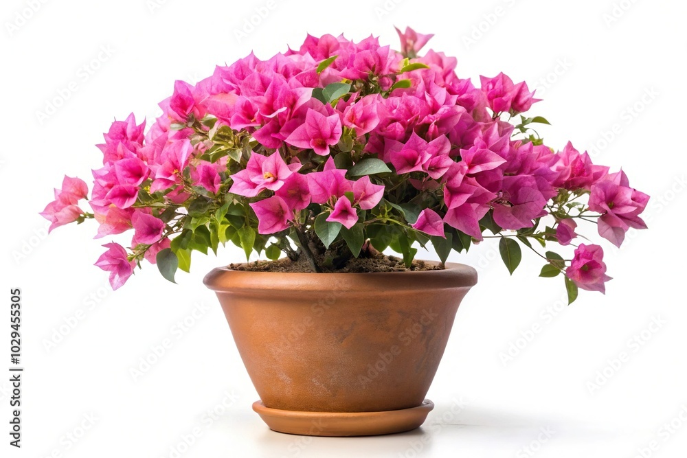Pink Bougainvillea flowers in clay plant pot on white background with clipping path Pink Bougainvillea flowers in clay plant pot on white background with clipping path
