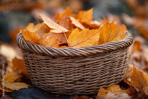 A wicker basket filled with colorful autumn leaves