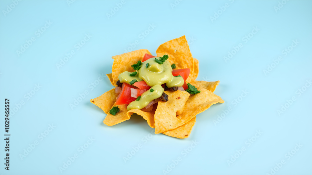 Studio shot photo of few nachos with guacamole sauce, light blue background, no dishes. Generative AI Studio shot photo of few nachos with guacamole sauce, light blue background, no dishes. Generative AI