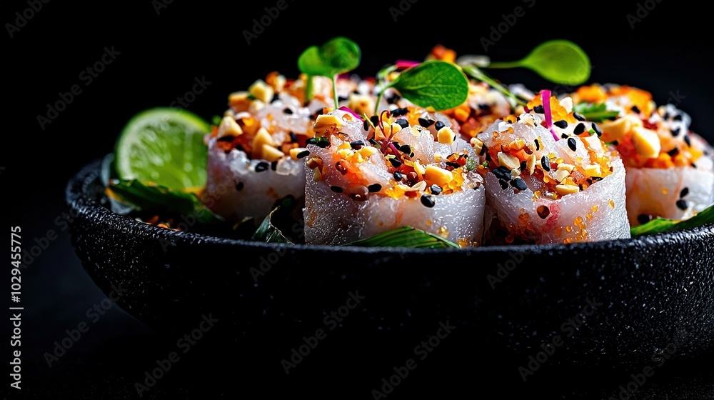 Black sushi bowl filled with sprinkles and garnishes Black sushi bowl filled with sprinkles and garnishes