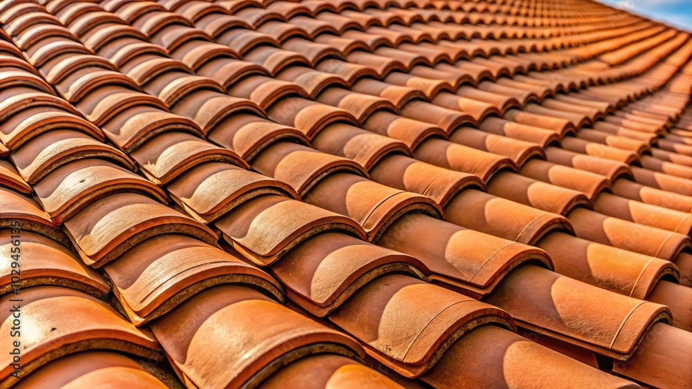 Sloped red clay tile roof with round beaver tail edge extreme close-up Sloped red clay tile roof with round beaver tail edge extreme close-up