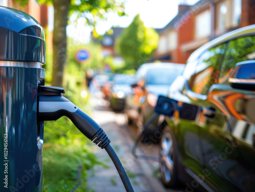 Electric car is charging at a public station in an urban area, symbolizing sustainable mobility and clean energy use.