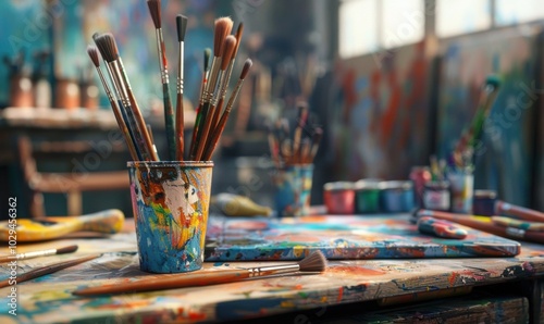 Paintbrushes in a cup on the workbench, 4K hyperrealistic photo