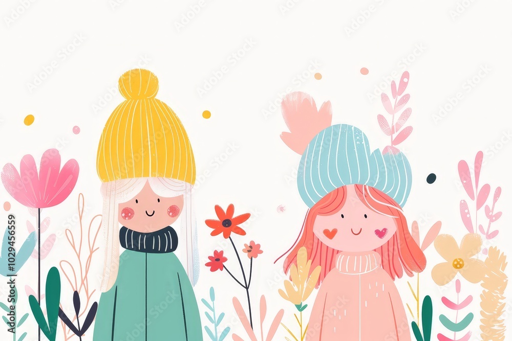 Two smiling girls in warm winter clothing surrounded by whimsical flowers, perfect for seasonal or friendship illustrations. Two smiling girls in warm winter clothing surrounded by whimsical flowers, perfect for seasonal or friendship illustrations.