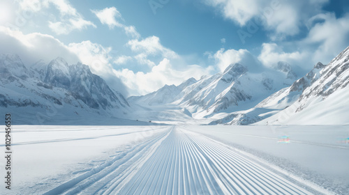 Empty ski slope, snow-capped mountains, magnificent winter mountain landscape