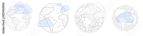 Set of connected web dots illustrations, cloud data concept, background with geometric vectors for business and technology, business connection with global data, cloud technology and earth map