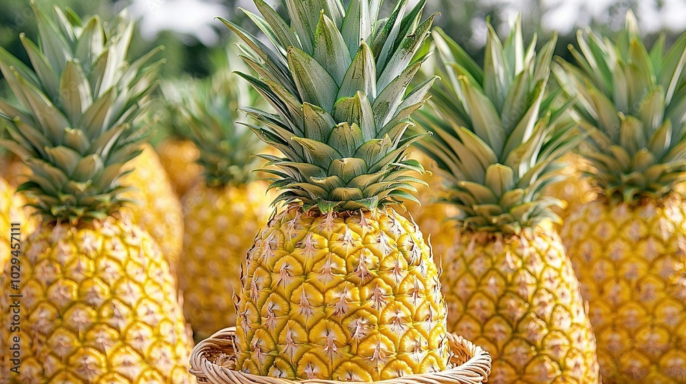 Pineapples gathered in a wicker basket atop a table Pineapples gathered in a wicker basket atop a table
