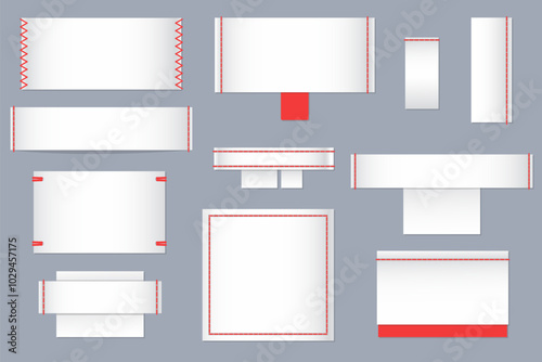 Textile white labels for clothes. Fabric tags templates. Wrong side empty sewn patches for instruction text and logos. Cotton material badges with stitches. Vector clothing ribbons set