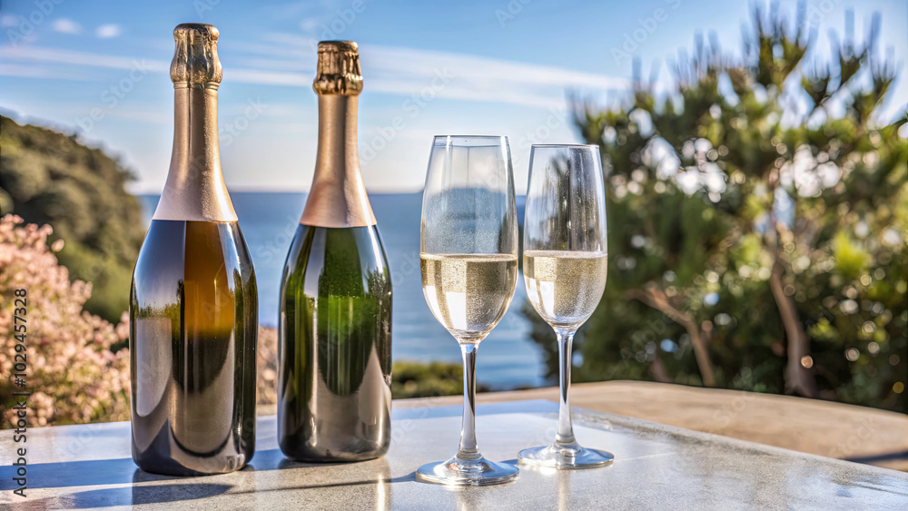 Two bottles of champagne sit beside two elegant glasses on a table, overlooking a stunning ocean view on a sunny day, perfect for a celebration