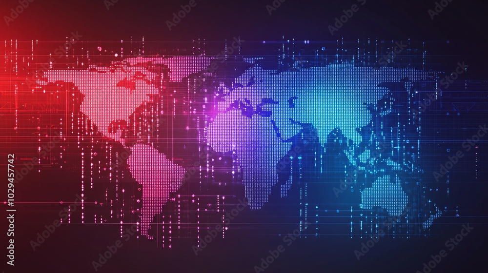 Digital World Map with Red and Blue Pixels and Lines Digital World Map with Red and Blue Pixels and Lines